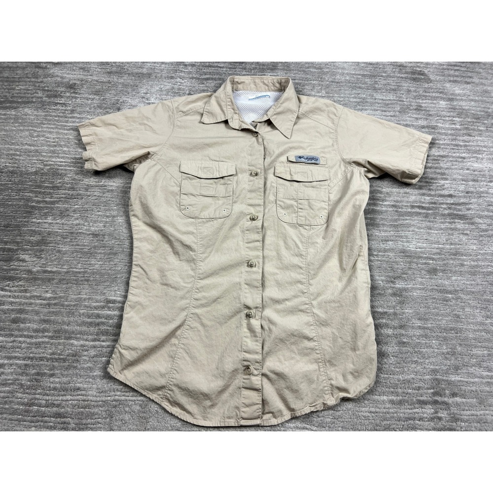 Columbia PFG Shirt Womens Small Tan Khaki Short Sleeve Vented Cotton Fishing Top
